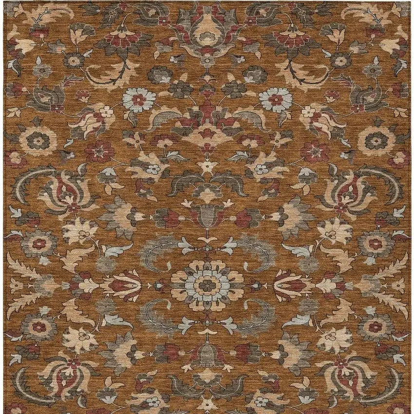 Orange And Burgundy Floral Medallion Washable Indoor Outdoor Area Rug Photo 3