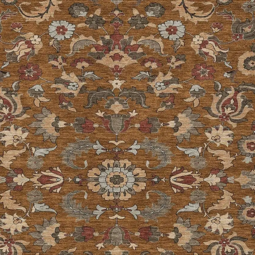 Orange And Burgundy Floral Medallion Washable Indoor Outdoor Area Rug Photo 2