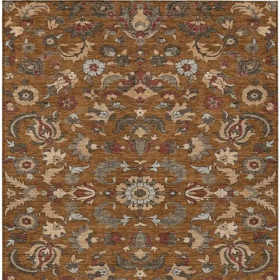 Orange And Burgundy Floral Medallion Washable Indoor Outdoor Area Rug Photo 3