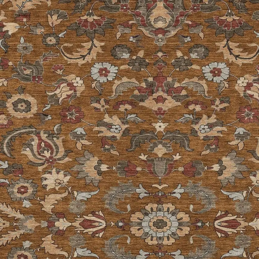 Orange And Burgundy Floral Medallion Washable Indoor Outdoor Area Rug Photo 2