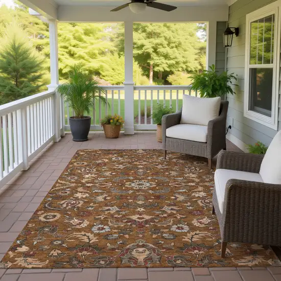 Orange And Burgundy Floral Medallion Washable Indoor Outdoor Area Rug Photo 4