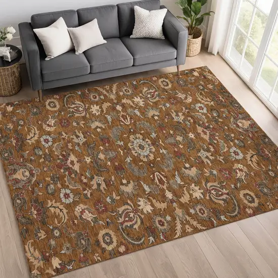 Orange And Burgundy Floral Medallion Washable Indoor Outdoor Area Rug Photo 6