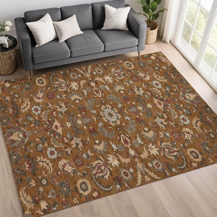 Orange And Burgundy Floral Medallion Washable Indoor Outdoor Area Rug Photo 6