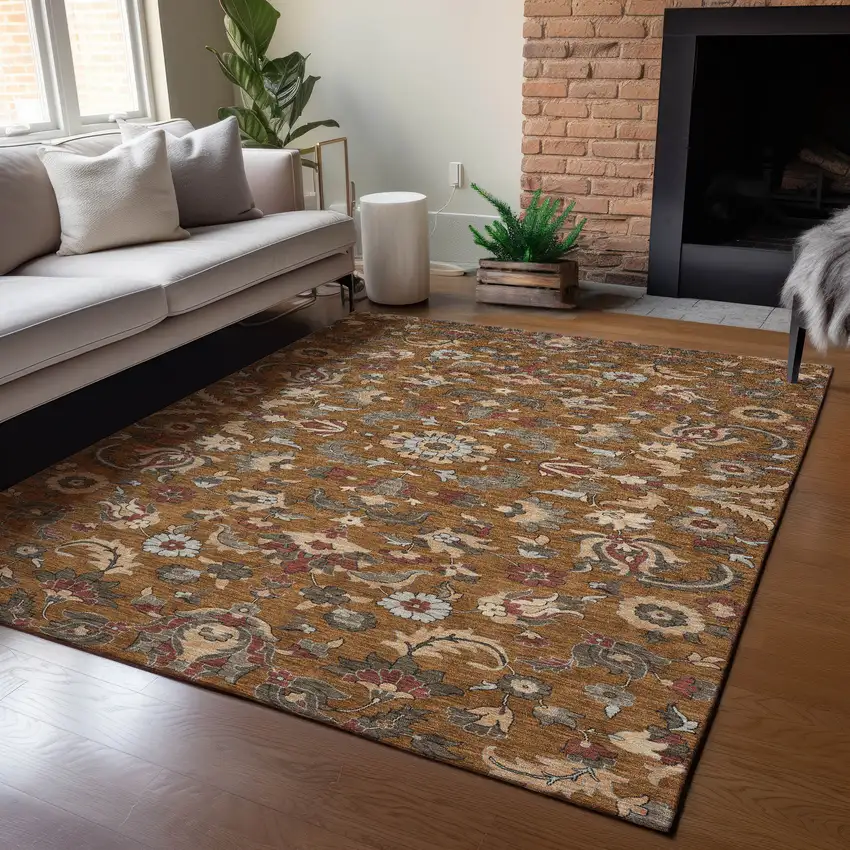 Orange And Burgundy Floral Medallion Washable Indoor Outdoor Area Rug Photo 5