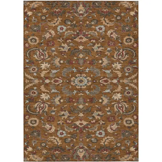 Orange And Burgundy Floral Medallion Washable Indoor Outdoor Area Rug Photo 1