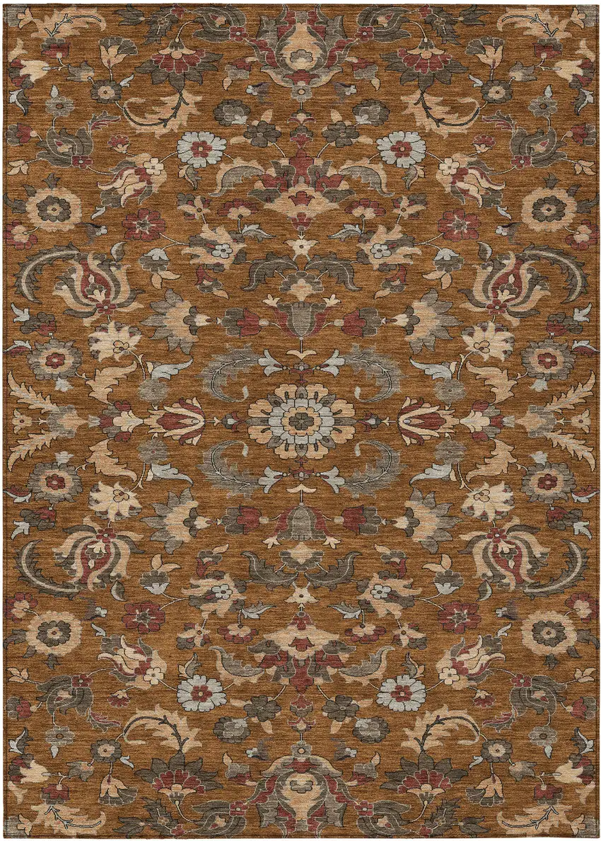 Orange And Burgundy Floral Medallion Washable Indoor Outdoor Area Rug Photo 1