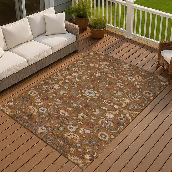 Orange And Burgundy Floral Medallion Washable Indoor Outdoor Area Rug Photo 7
