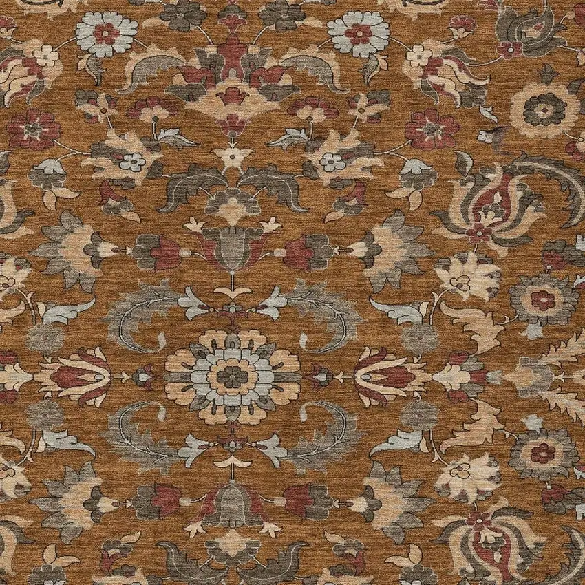Orange And Burgundy Floral Medallion Washable Indoor Outdoor Area Rug Photo 2