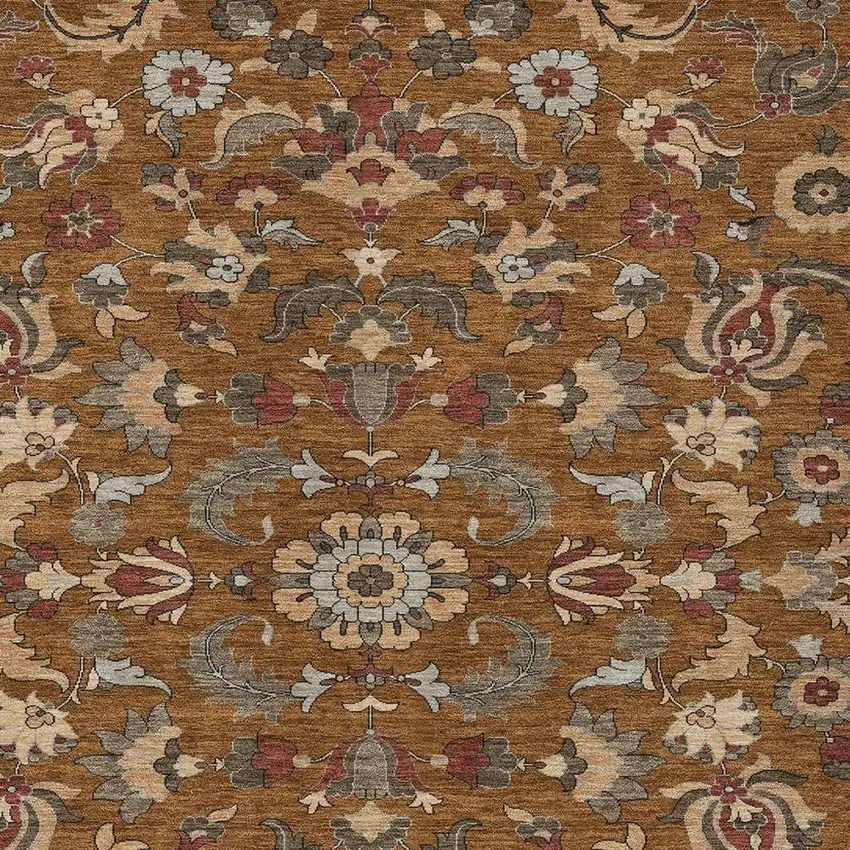 Orange And Burgundy Floral Medallion Washable Indoor Outdoor Area Rug Photo 2
