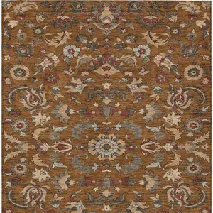 Photo of Orange And Burgundy Floral Medallion Washable Indoor Outdoor Area Rug
