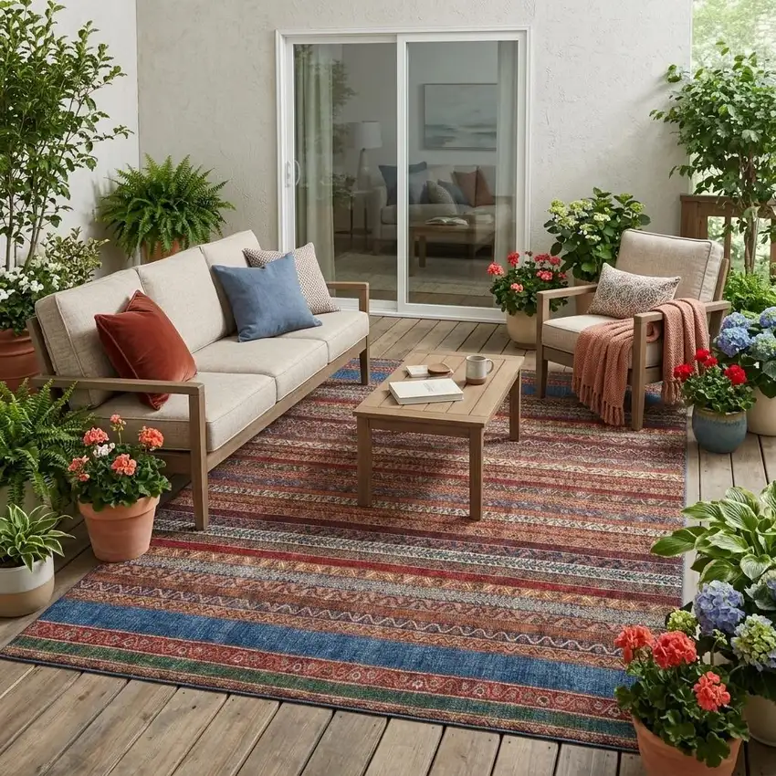 Orange And Burgundy Striped Washable Indoor Outdoor Area Rug Photo 1