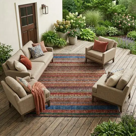 Orange And Burgundy Striped Washable Indoor Outdoor Area Rug Photo 1