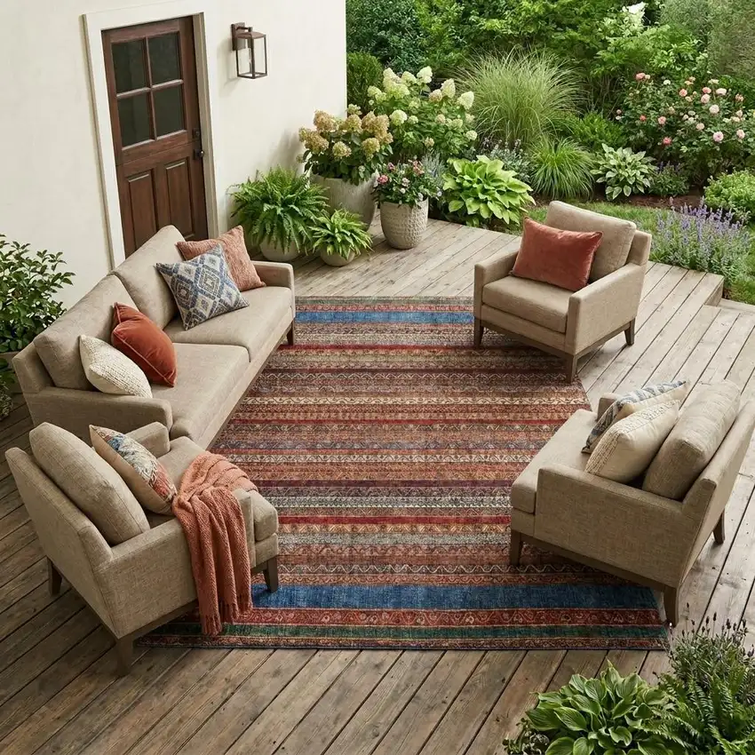 Orange And Burgundy Striped Washable Indoor Outdoor Area Rug Photo 1