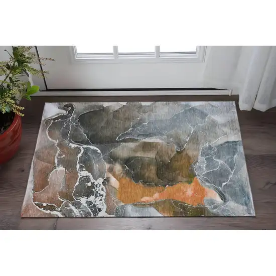 Orange And Charcoal Abstract Washable Area Rug With UV Protection Photo 2