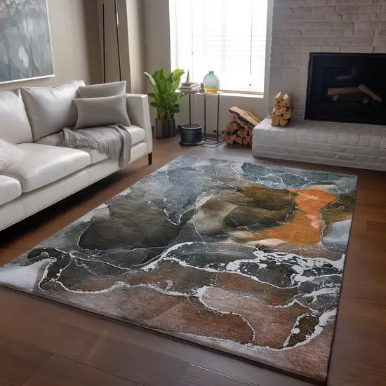 Orange And Charcoal Abstract Washable Area Rug With UV Protection Photo 7