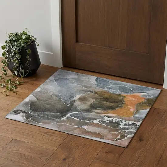 Orange And Charcoal Abstract Washable Area Rug With UV Protection Photo 1