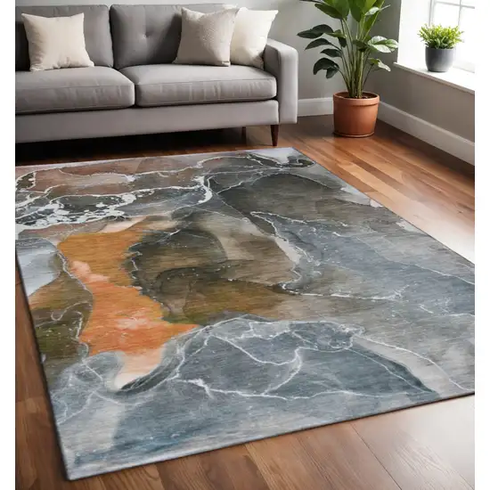 Orange And Charcoal Abstract Washable Area Rug With UV Protection Photo 2