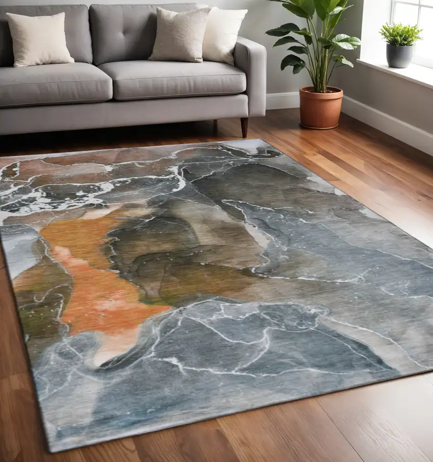 Orange And Charcoal Abstract Washable Area Rug With UV Protection Photo 2
