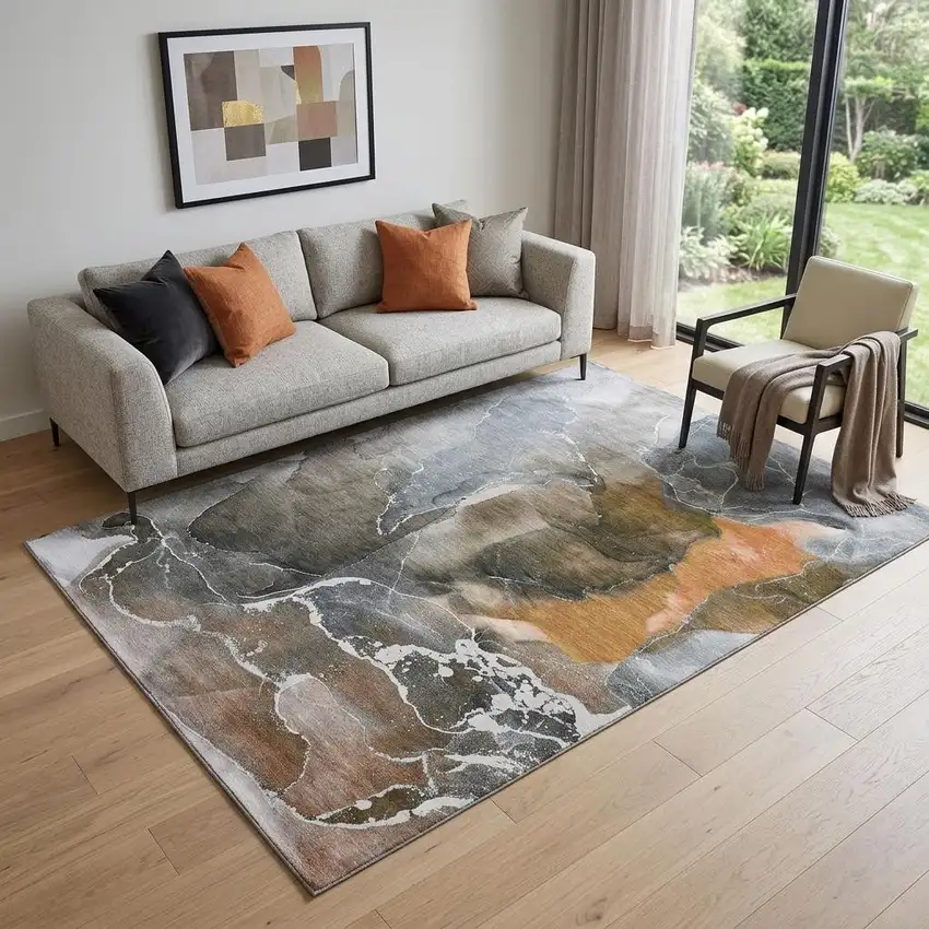 Orange And Charcoal Abstract Washable Area Rug With UV Protection Photo 1