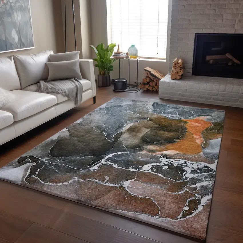 Orange And Charcoal Abstract Washable Area Rug With UV Protection Photo 6