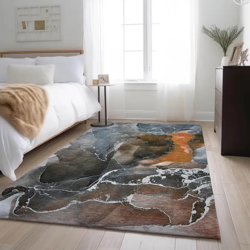 Orange And Charcoal Abstract Washable Area Rug With UV Protection Photo 5