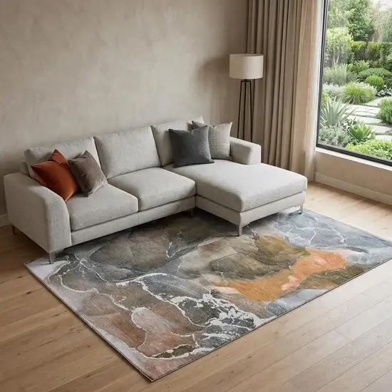 Orange And Charcoal Abstract Washable Area Rug With UV Protection Photo 1
