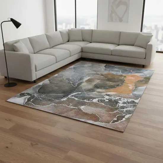 Orange And Charcoal Abstract Washable Area Rug With UV Protection Photo 1