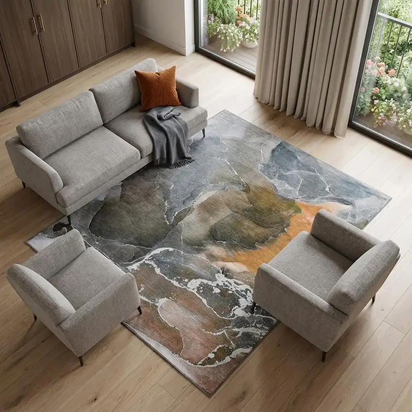 Orange And Charcoal Abstract Washable Area Rug With UV Protection Photo 1