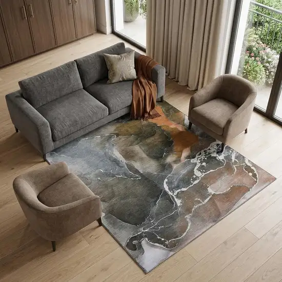 Orange And Charcoal Abstract Washable Area Rug With UV Protection Photo 1