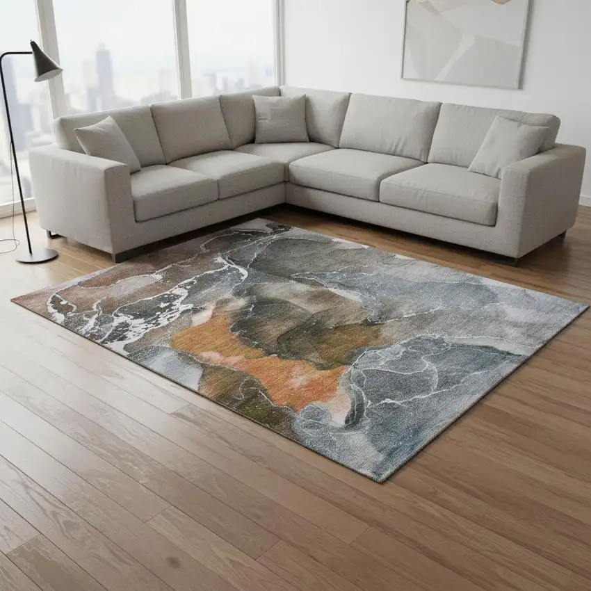 Orange And Charcoal Abstract Washable Area Rug With UV Protection Photo 1