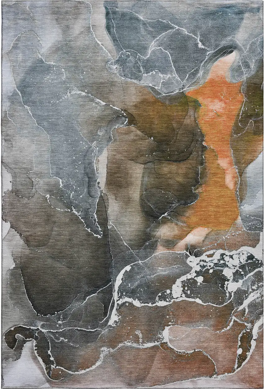 Orange And Charcoal Abstract Washable Area Rug With UV Protection Photo 1