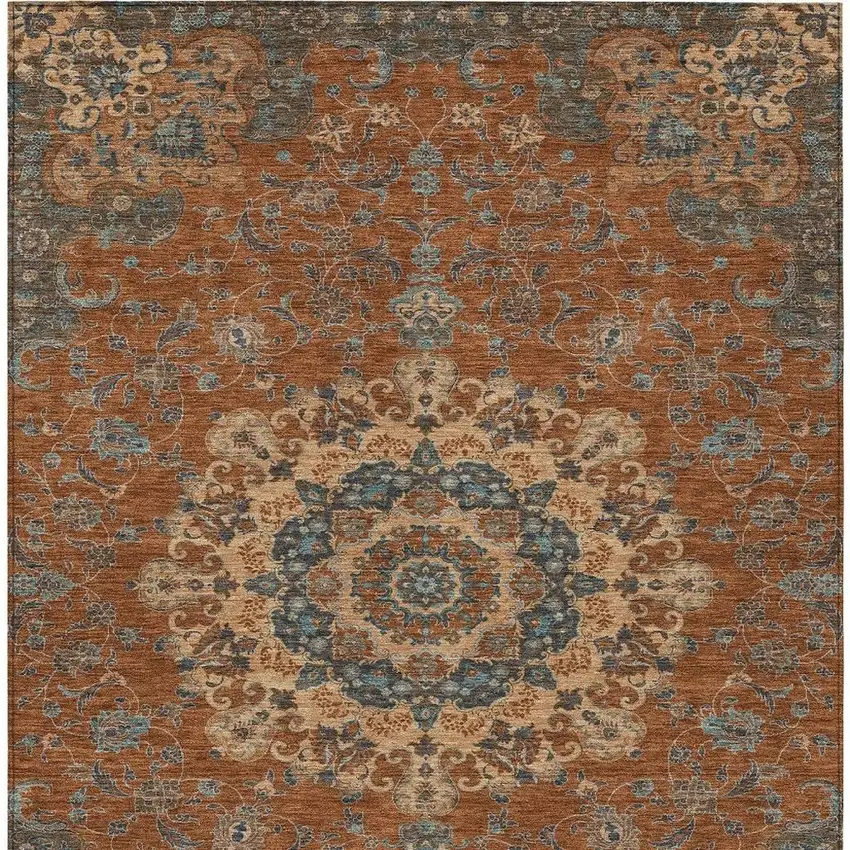 Orange And Charcoal Floral Medallion Washable Indoor Outdoor Area Rug Photo 4