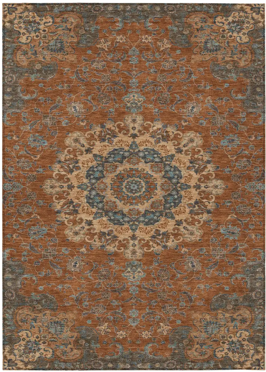 Orange And Charcoal Floral Medallion Washable Indoor Outdoor Area Rug Photo 2