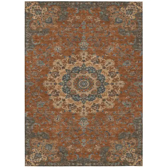Orange And Charcoal Floral Medallion Washable Indoor Outdoor Area Rug Photo 2