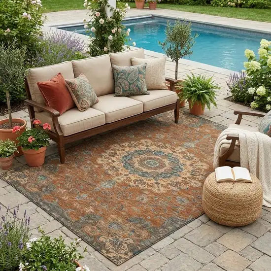 Orange And Charcoal Floral Medallion Washable Indoor Outdoor Area Rug Photo 1