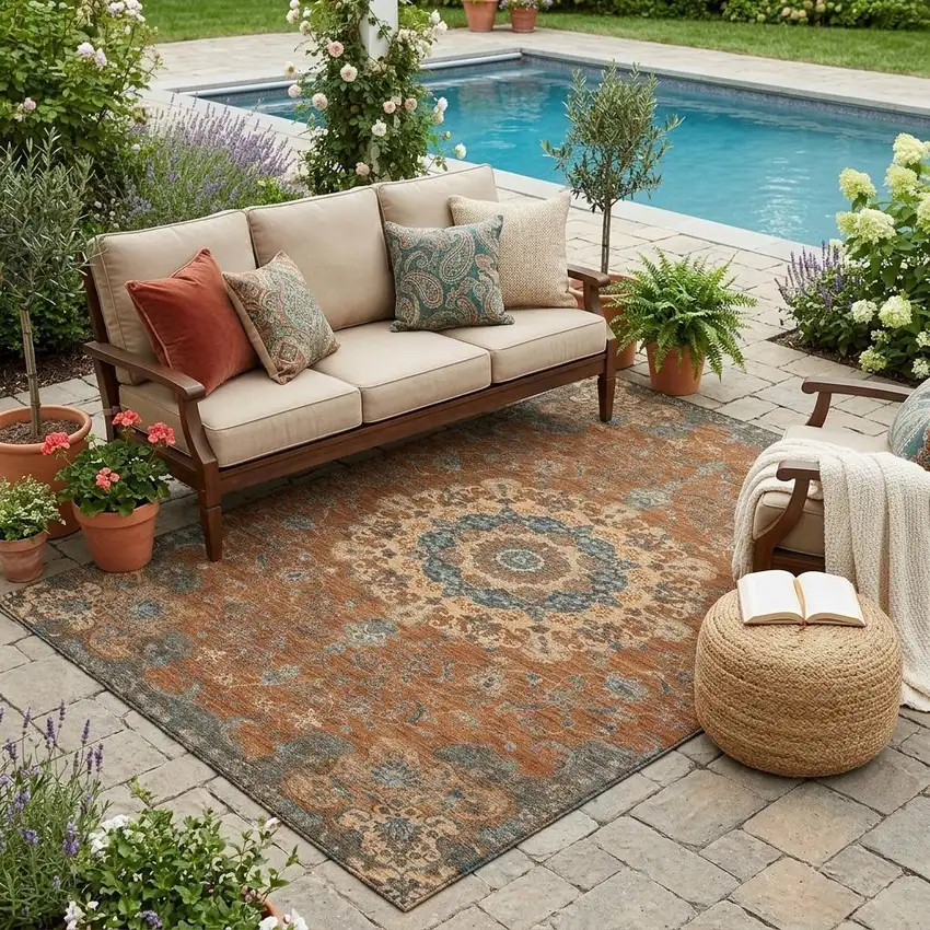 Orange And Charcoal Floral Medallion Washable Indoor Outdoor Area Rug Photo 1