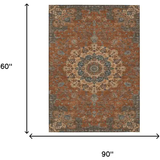 Orange And Charcoal Floral Medallion Washable Indoor Outdoor Area Rug Photo 7