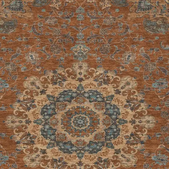 Orange And Charcoal Floral Medallion Washable Indoor Outdoor Area Rug Photo 3