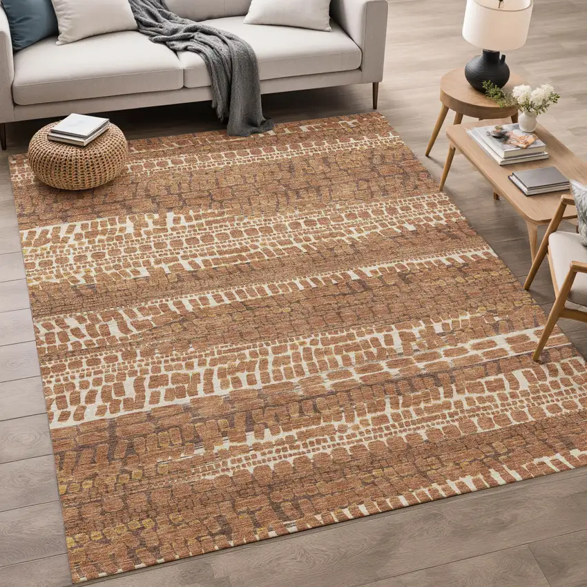 Orange And Chocolate Abstract Washable Indoor Outdoor Area Rug Photo 5