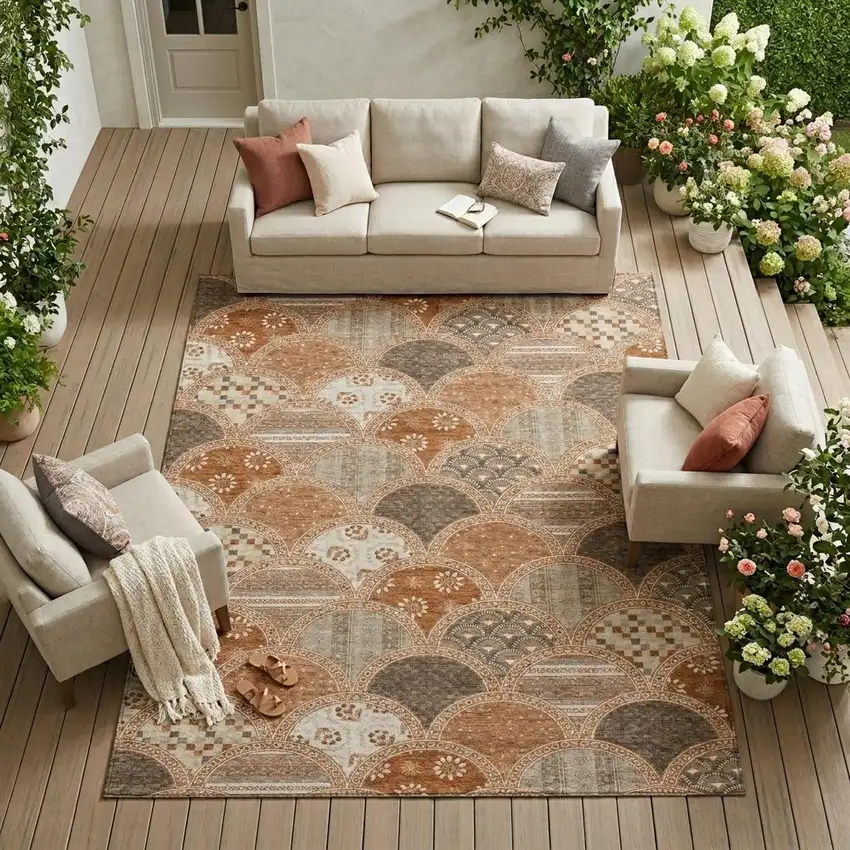 Orange And Chocolate Geometric Washable Indoor Outdoor Area Rug Photo 1