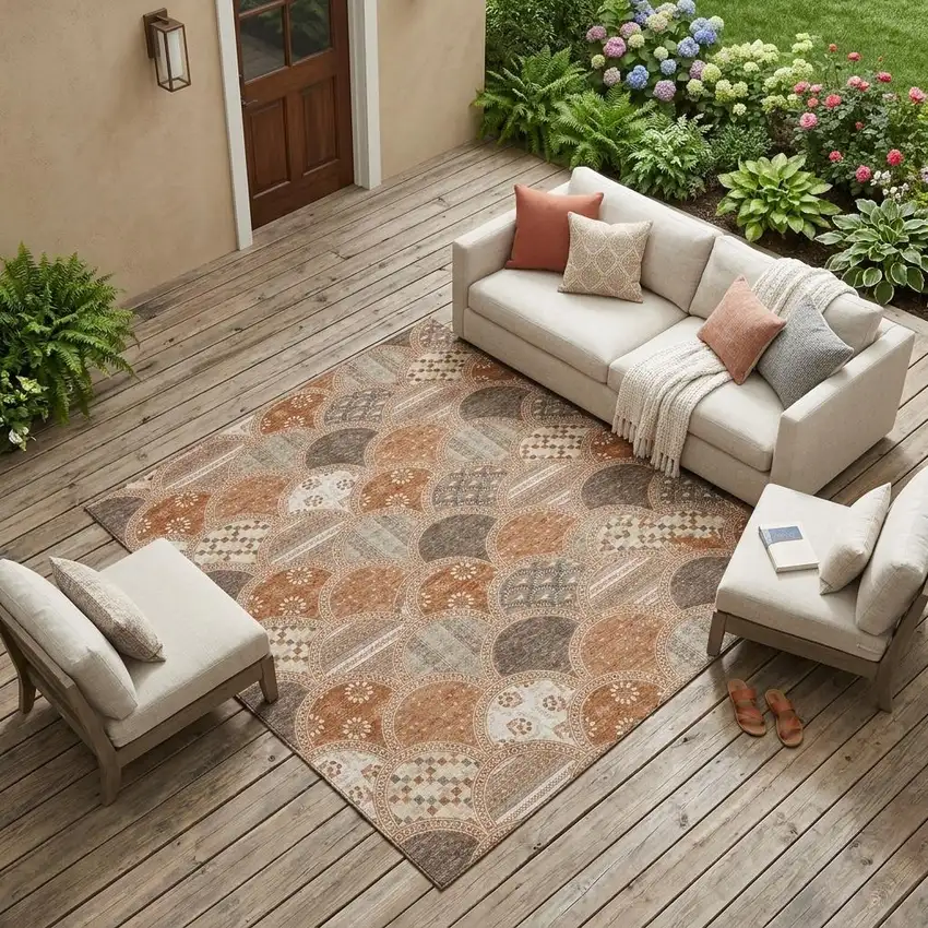 Orange And Chocolate Geometric Washable Indoor Outdoor Area Rug Photo 1