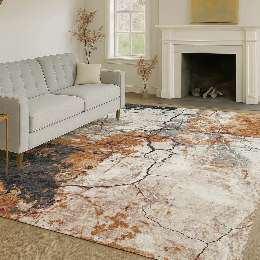 Orange And Copper Abstract Washable Indoor Outdoor Area Rug Photo 6