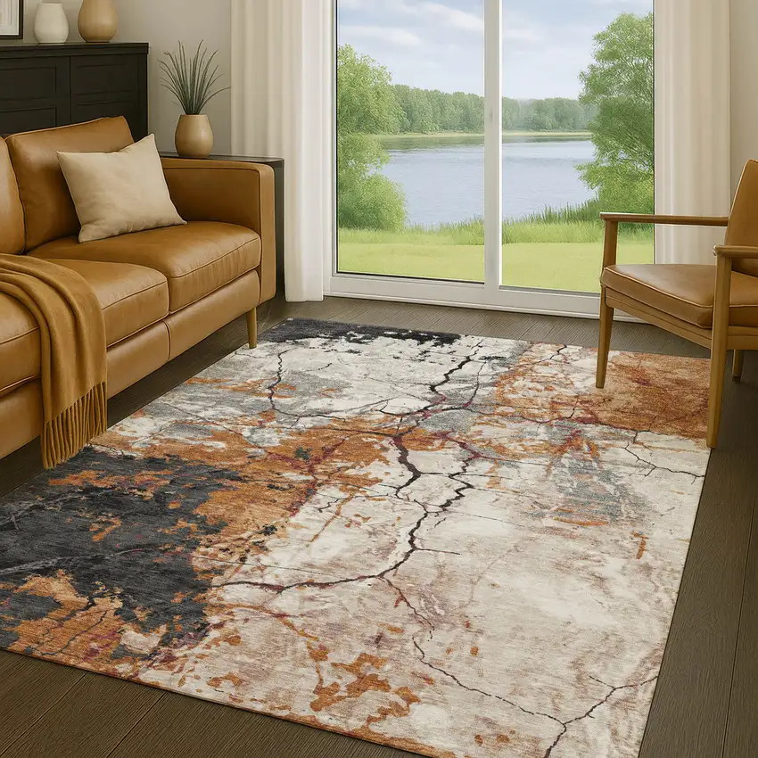 Orange And Copper Abstract Washable Indoor Outdoor Area Rug Photo 5