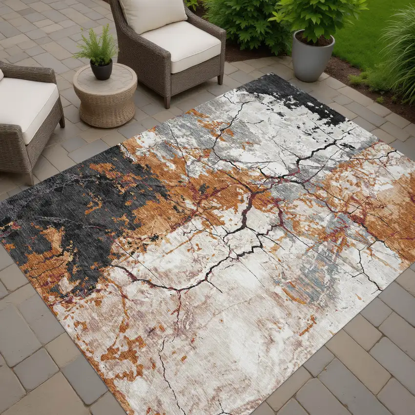 Orange And Copper Abstract Washable Indoor Outdoor Area Rug Photo 7