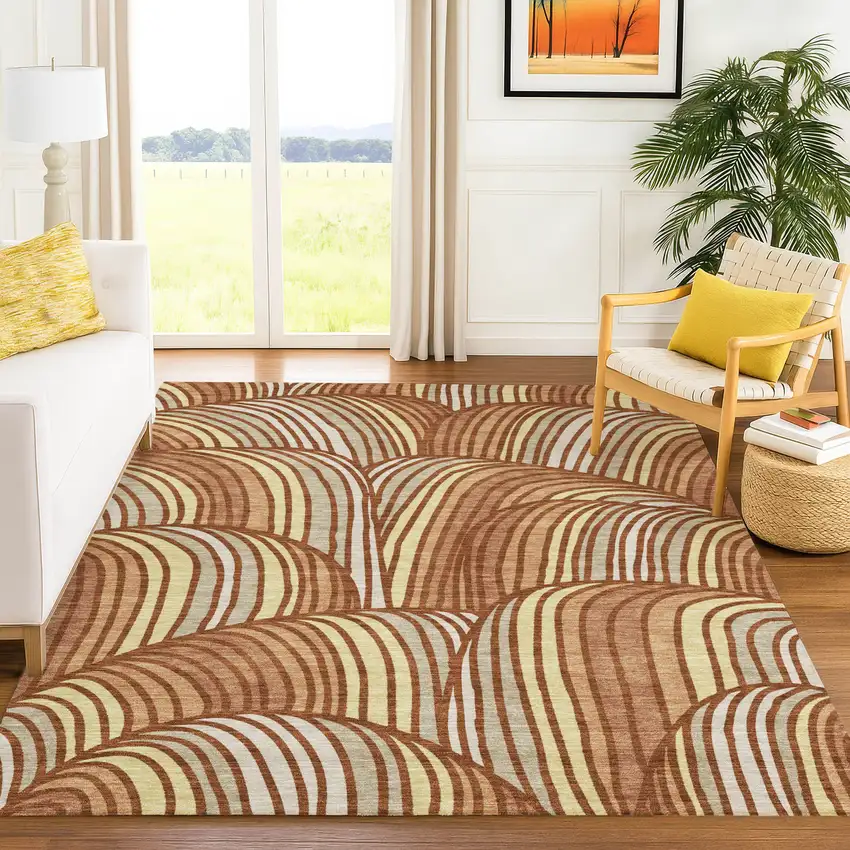 Orange And Copper Abstract Washable Indoor Outdoor Area Rug Photo 6