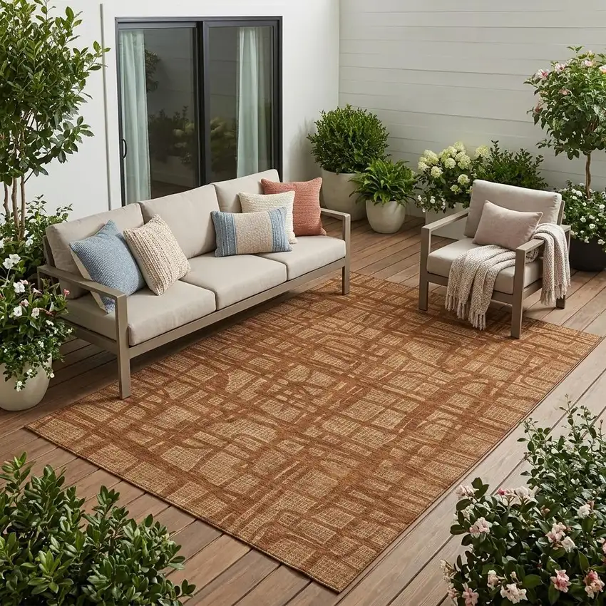 Orange And Copper Abstract Washable Indoor Outdoor Area Rug Photo 1
