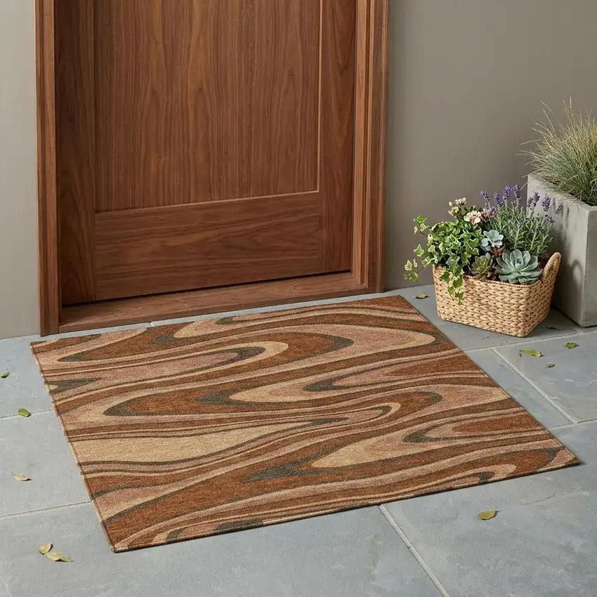 Orange And Copper Abstract Washable Indoor Outdoor Area Rug Photo 1