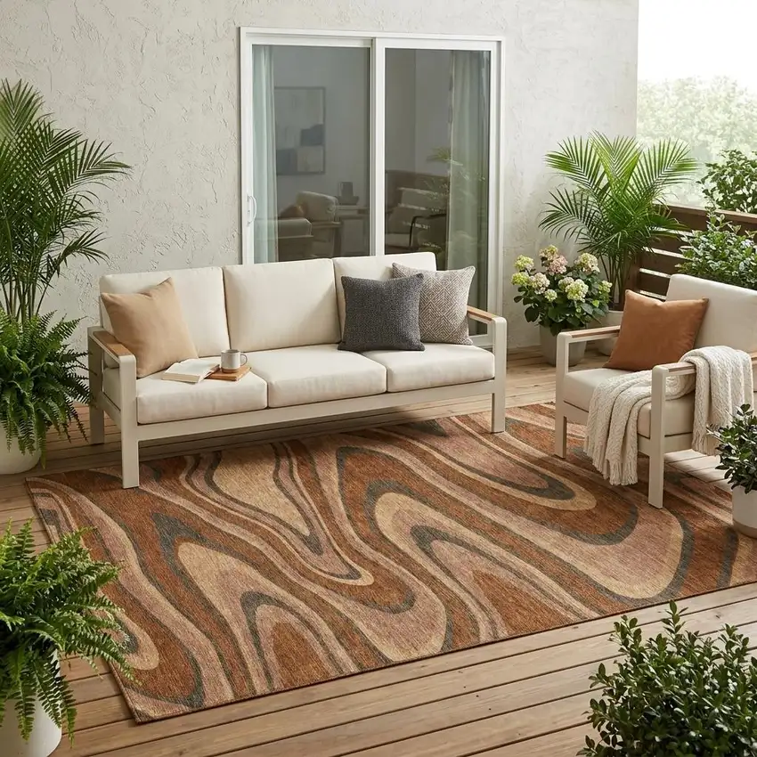 Orange And Copper Abstract Washable Indoor Outdoor Area Rug Photo 1