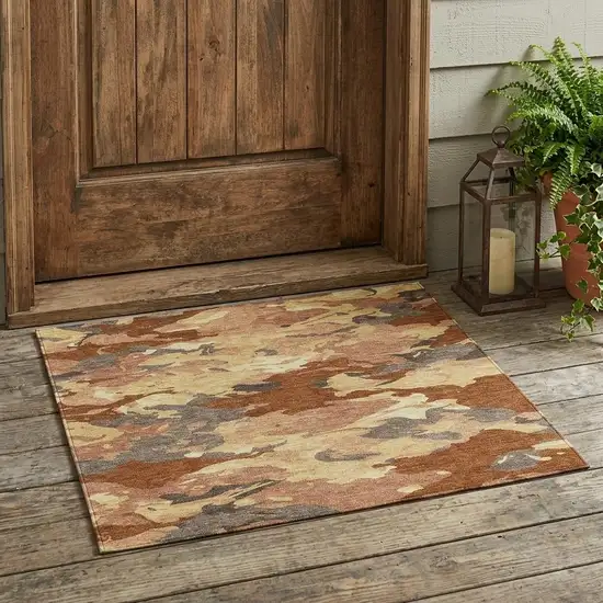 Orange And Copper Abstract Washable Indoor Outdoor Area Rug Photo 1