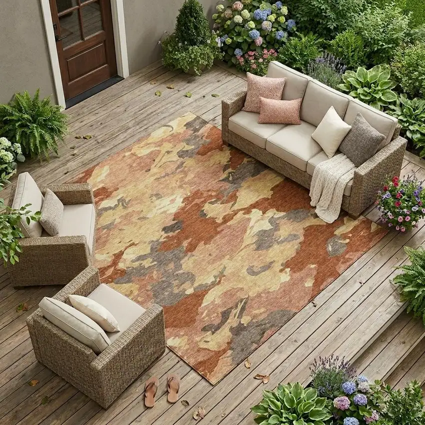 Orange And Copper Abstract Washable Indoor Outdoor Area Rug Photo 1